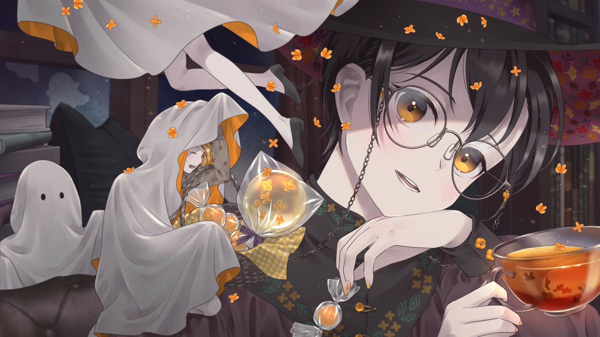 glasses black hair hat witch hat cup looking at viewer book  illustration images