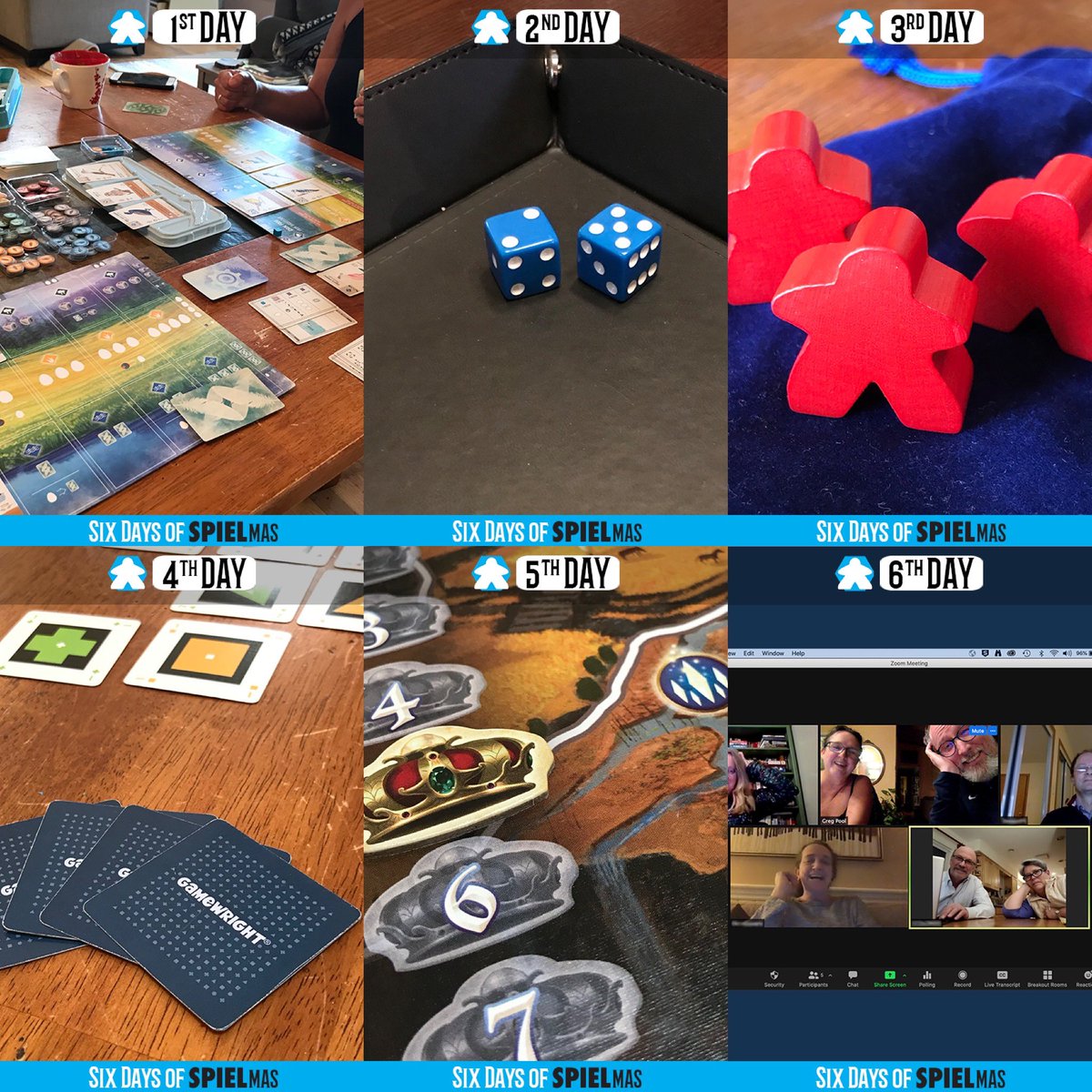 On the sixth day of #SpielMas ⛄️, my true love gave to me…

Six friends on chat.
Five rounds to play!
Four cards to draw.
Three red meeples.
Two six-sided dice.
And a game with our friends or family.

🔗 spielmas.com/blog/first-day…