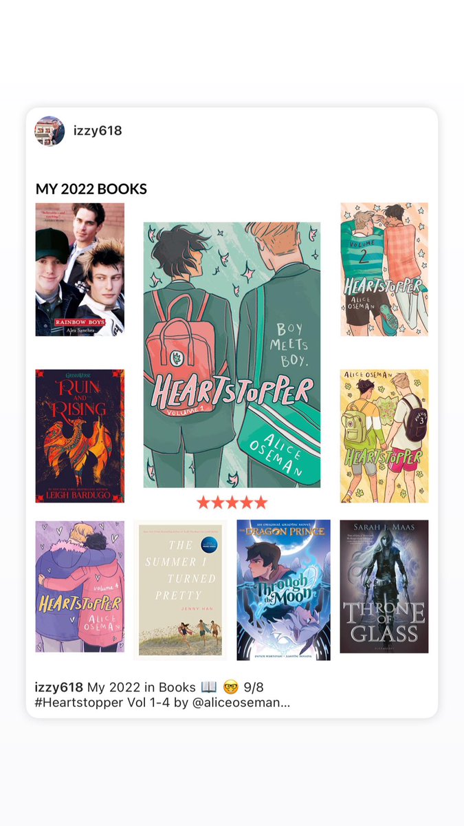 Izzy618's tweet photo. My 2022 in Books 📖 🤓 9/8
#Heartstopper Vol 1-4 by @AliceOseman 
#RainbowBoys by #AlexSanchez
#RuinAndRising by @LBardugo 
#TheSummerITurnedPretty by @jennyhan 
#TheDragonPrince #ThroughTheMoon by #PeterWartman &amp; #XantheBouma 
#ThroneOfGlass by @SJMaas @goodreads #books https://t.co/wsNqCxES0M