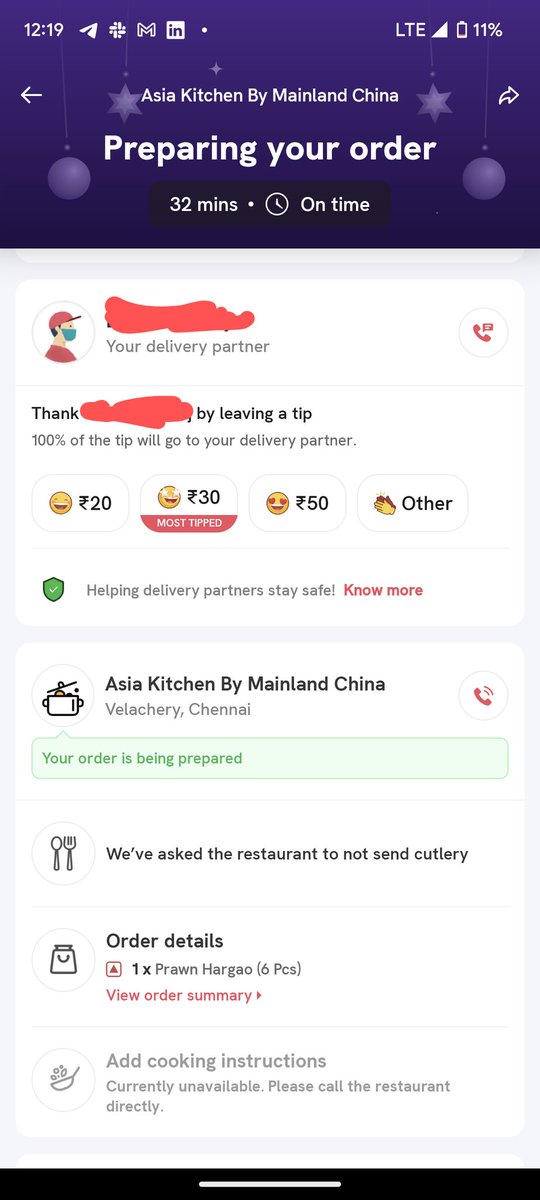 shibme's tweet photo. @zomatocare Must be some serious cooking for 3 hours 20 minutes. Is it coming from China?? https://t.co/3AmBTAGV1P