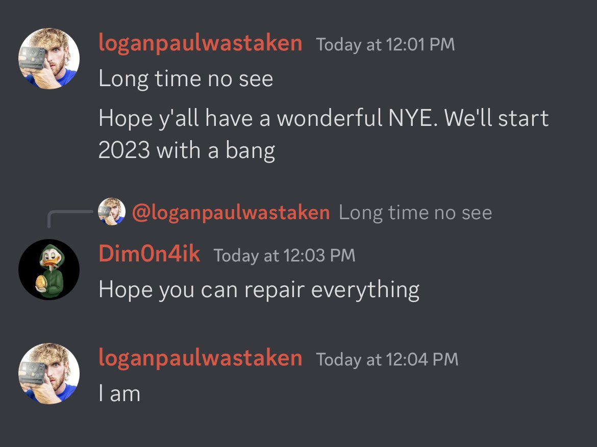 🚨Logan Paul just posted in the CryptoZoo discord for the first time in over a year. 
“Long time no see”