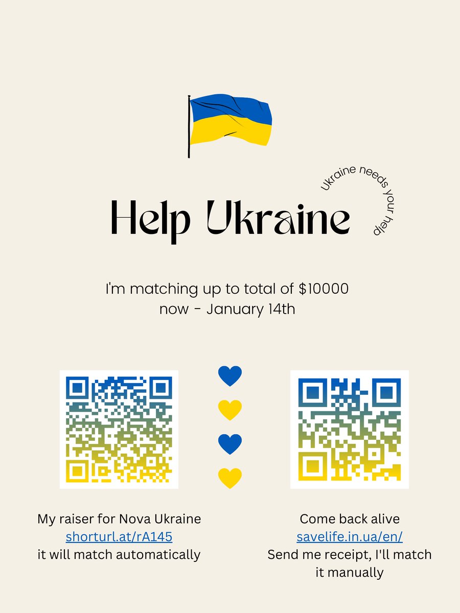 in 2022 I missed 2020 when it seemed the world was nuts. I'm grateful for where I am, but not everyone is safe and happy atm. 
They say in Ukraine, they have power, just not electricity. Let's donate to 🇺🇦 together!
For the next 2 weeks, I'll be matching up to a total of $10000👇
