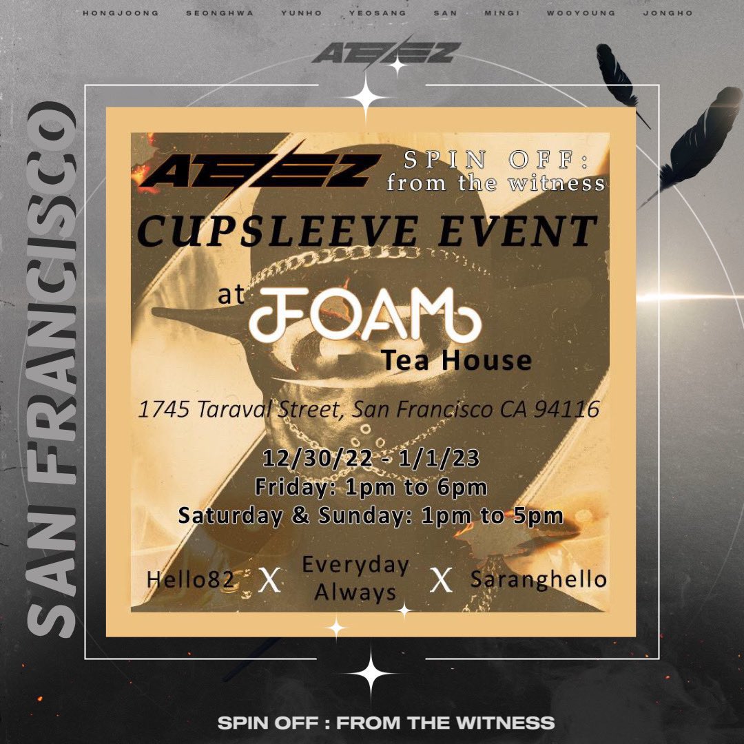 #ATINY and #kpop fans in San Francisco, California <a href="/EverydayA_Shop/">Halazia comeback event 12-30-01/01</a> will be hosting <a href="/hello82official/">hello82</a>’s “ATEEZ - SPIN OFF : FROM THE WITNESS” comeback cupsleeve event from Dec 30th-Jan 1st at Foam Tea House! Stop by <a href="/SarangHelloSF/">SarangHello</a> to get your ATEEZ Hello82 Exclusive Edition Albums!