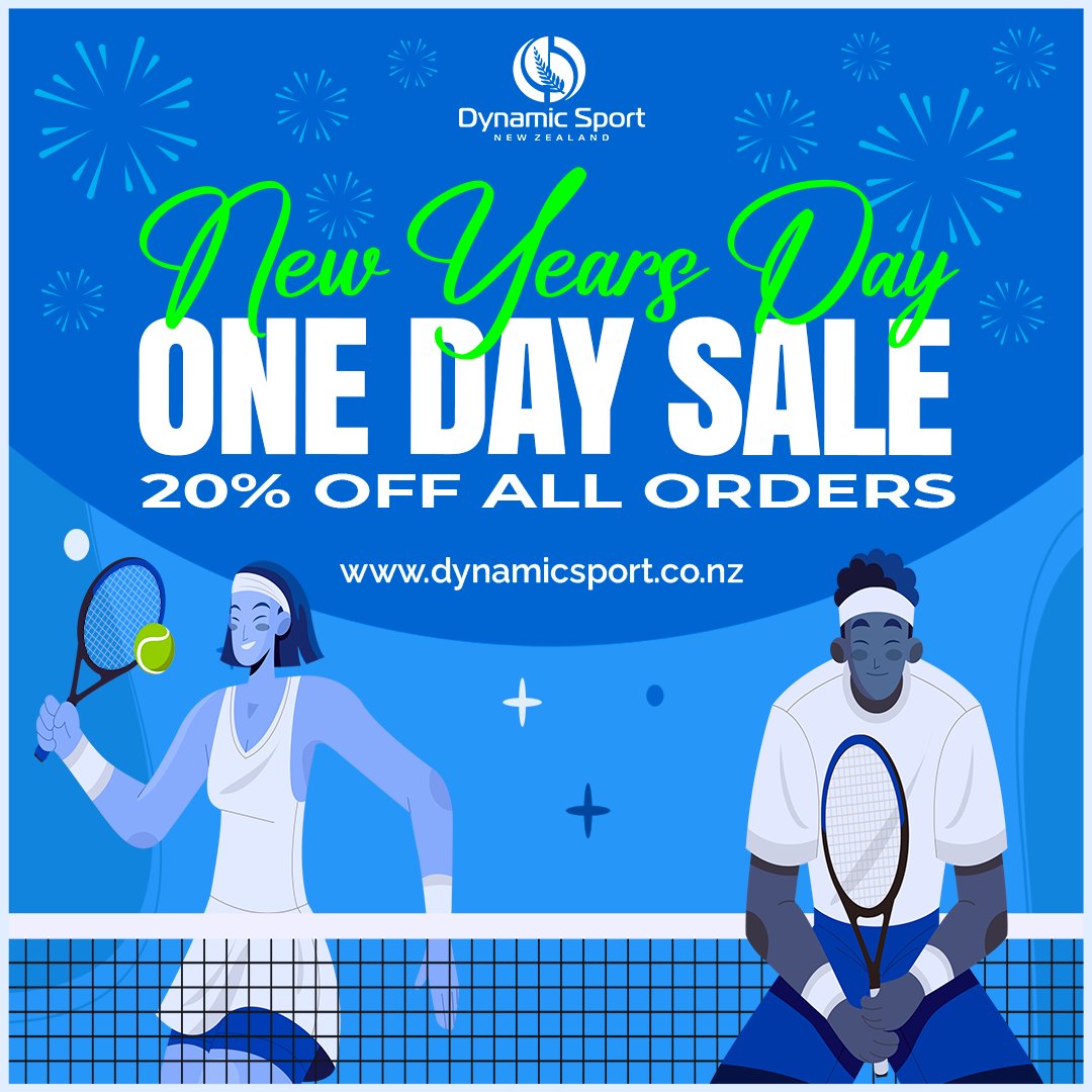 DynamicSportNZ's tweet photo. NEW YEARS DAY – ONE DAY SALE!

Welcome the New Year in with a cracking 20% off all orders, today only. Discount automatically applied at the checkout.

Shop now at https://t.co/Cuh90ODZvx

#DynamicSportNZ #sportsshop #sportsgear #happynewyear #newyearsale #newyeardiscount https://t.co/7F1wffyipu