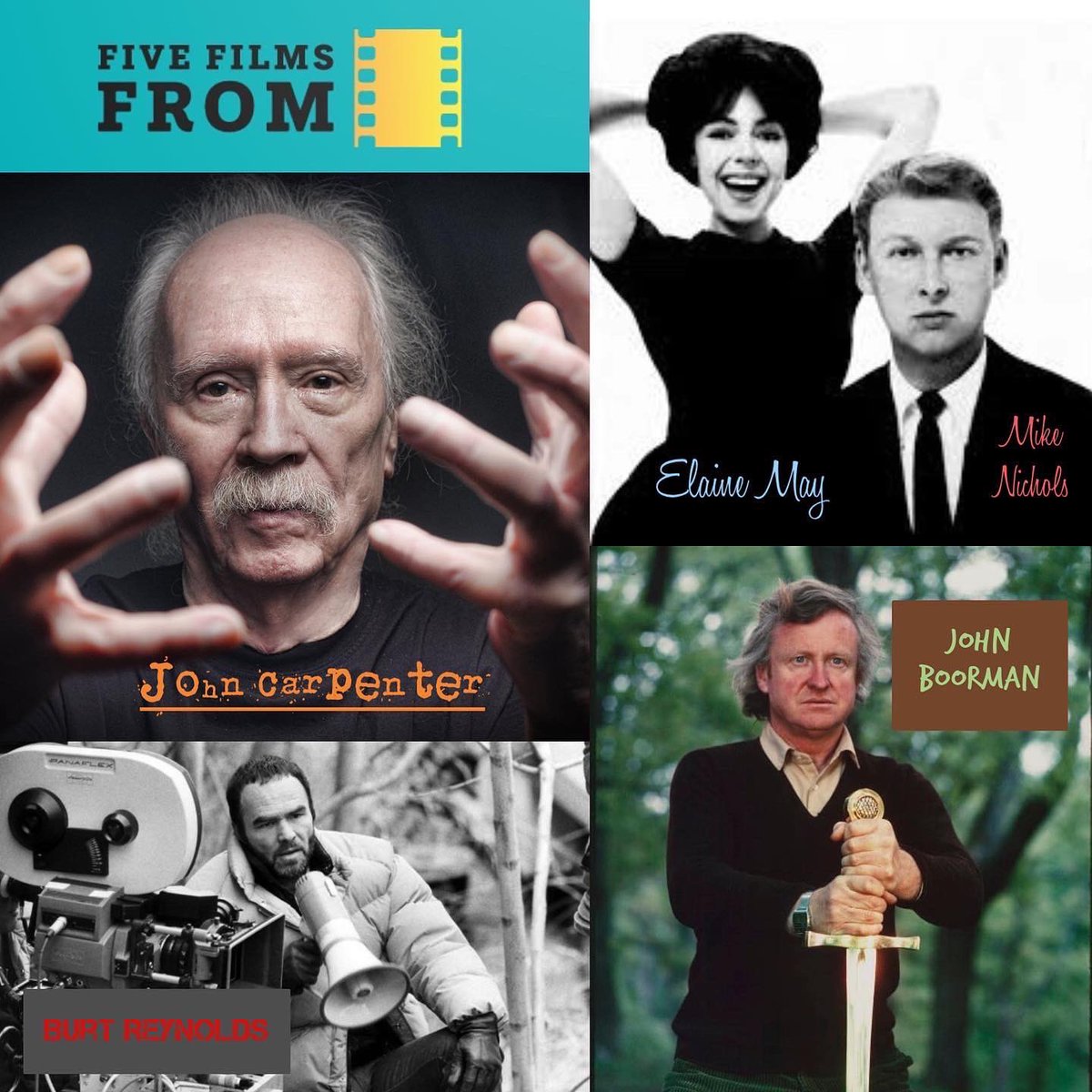 five_films_from's tweet photo. People are saying the @fivefilmsfrompodcast makes for great NYE listening. Don’t believe them, see for yourself! Find these five recent shows, along with every episode of Five Films From with the link in our bio. 
#JohnBoorman #JohnCarpenter #MikeNichols #ElaineMay #BurtReynolds https://t.co/KVuVvYSc55