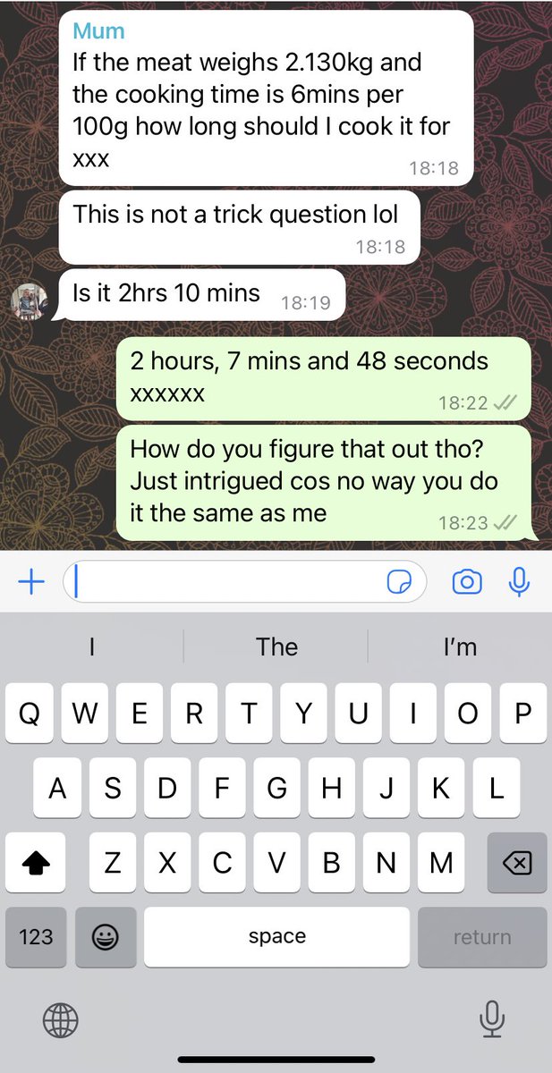 MissHalpinMaths's tweet photo. Prepping to cook the joint for New Year’s Day has turned into a lesson plan 👀
How would you calculate it? 

(Ps ignore my northern texting 🤣) https://t.co/momLdLdjwL