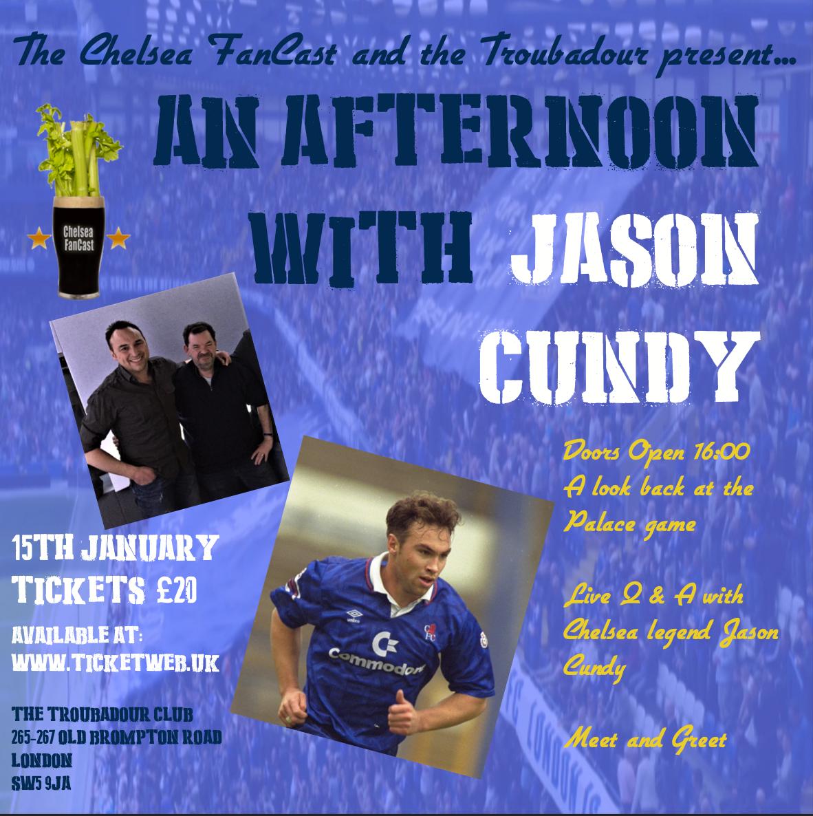 Chelsea FanCast presents...<a href="/jasoncundy05/">Jason Victor Cundy</a> LIVE <a href="/TroubadourLDN/">Troubadour</a> 4.30 pm Sunday Jan 15th right after #Chelsea v Palace
⚽️ <a href="/StamfordChidge/">Stamford Chidge ⭐️⭐️ 🇺🇦</a> <a href="/Jonathankydd/">JonathanKydd</a> &amp; Jason Cundy review Chelsea v Palace
❓ Live Q&amp;A with Cundy
🤝 Meet &amp; Greet
DON'T MISS IT! Tickets £20
ticketweb.uk/event/chelsea-…