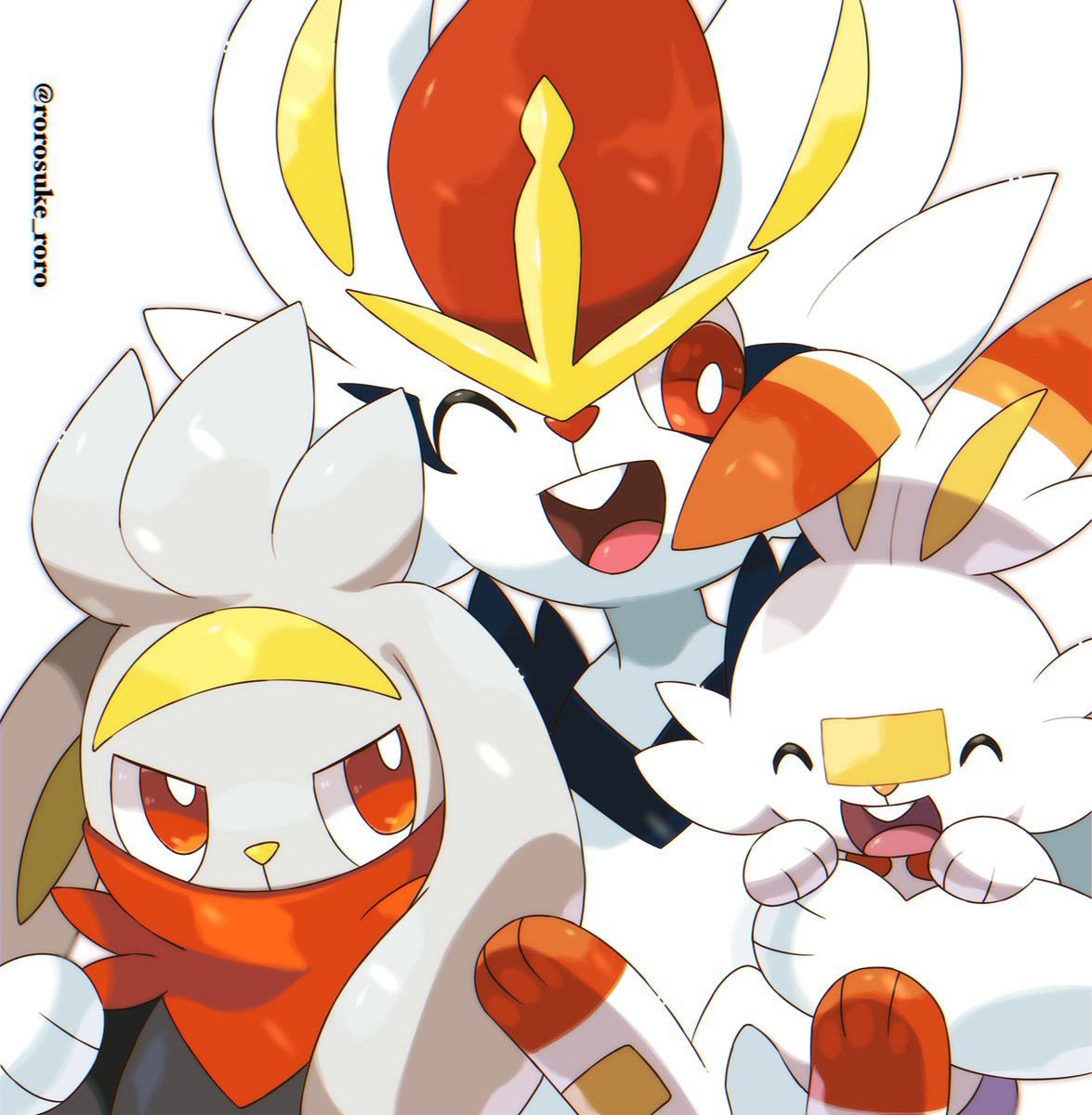 scorbunny pokemon (creature) tongue open mouth smile teeth one eye closed white background  illustration images