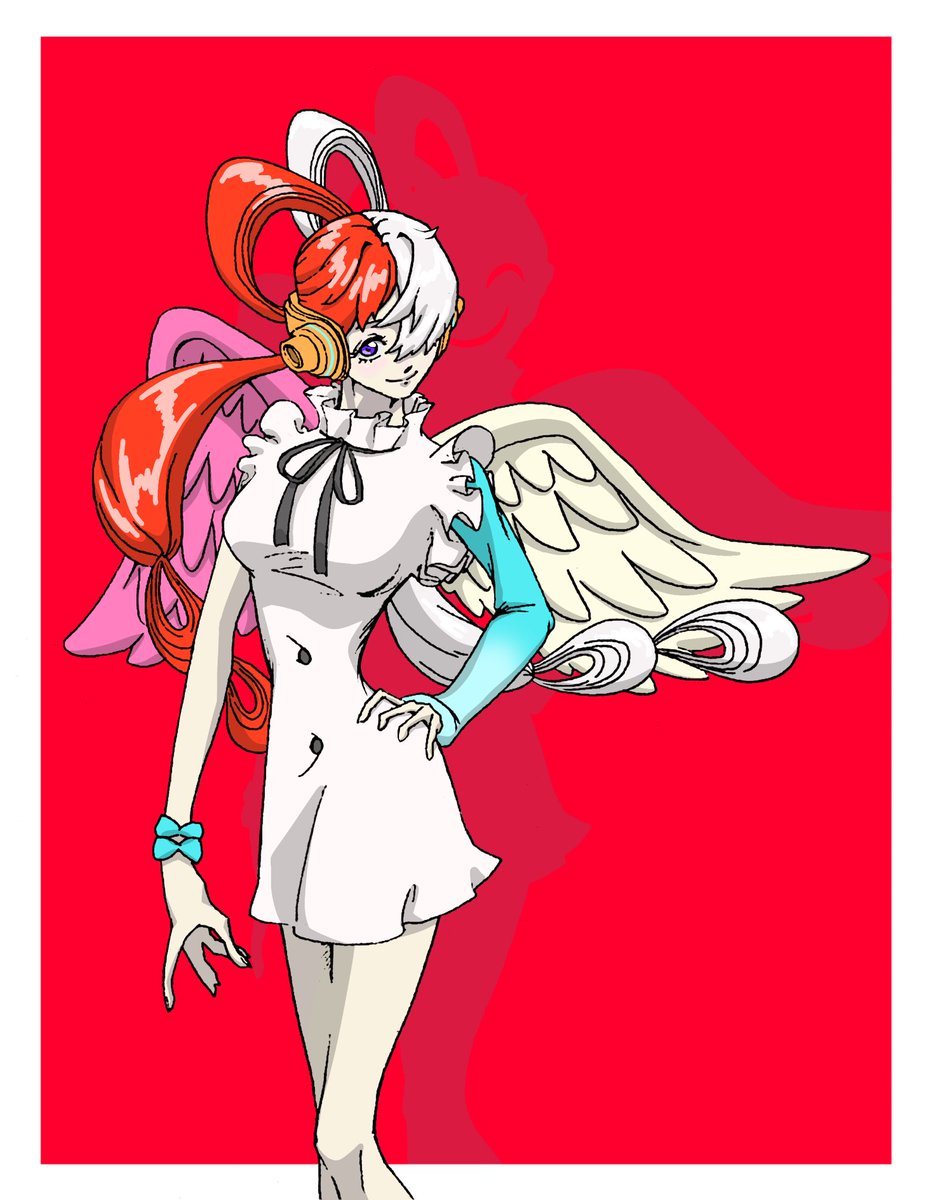 1girl split-color hair solo dress wings white hair red hair  illustration images