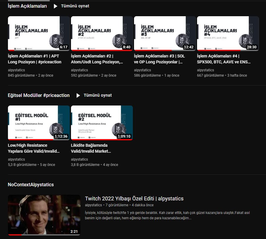 Youtube tarafında eğitsel modüller ve işlem açıklamalarına ek olarak 'NoContextAlp' adı altında twitch tarafındaki önemli veya komik anları paylaşacağım bir liste oluşturdum. Yeni videolar da gelecek👀

Her zaman ciddiyet olmaz tabii ki :) 

Kanal linki: youtube.com/alpystatics