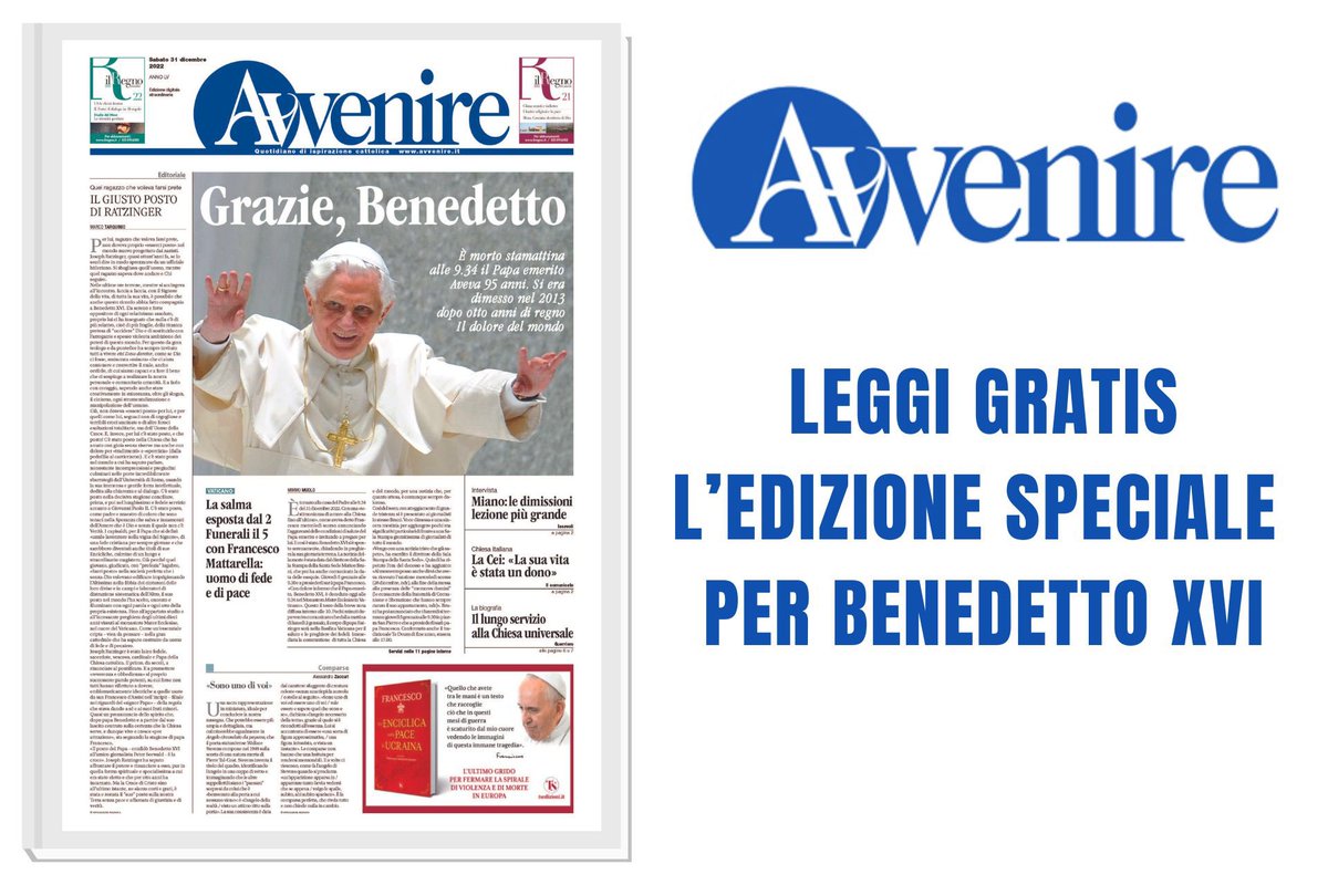 Avvenire_Nei's tweet photo. Avvenire ha realizzato un’edizione straordinaria gratuita in formato digitale, interamente dedicata al Papa emerito #BenedettoXVI 
Per leggerla potete cliccare su questo link https://t.co/I7JAFBzySl
Vi chiediamo la gentilezza di aiutarci a diffonderla condividendo questo post https://t.co/c7QYwaAcW0