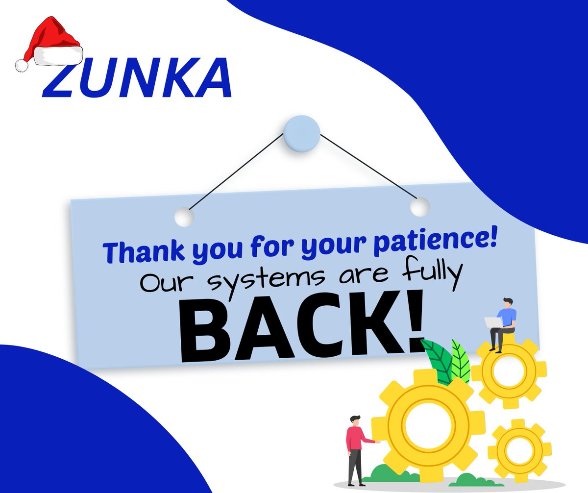 ZunkaApp's tweet image. Thank you so much for your patience, we have now concluded our System Maintenance and all issues that arose are now resolved. We apologize once more for the inconvenience caused and promise only better in the coming year.
#Zunka
#lipamdogomdogo 
#SmartPhoneLoans
Mpesa
Equity