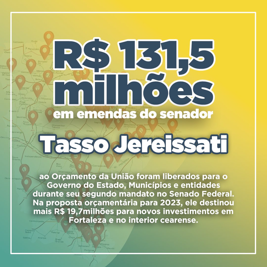 R$131,5mi de emendas do senador Tasso Jereissati ao Orçamento foram liberados para o Governo do Estado, Municípios e entidades durante seu segundo mandato no Senado. Na proposta para 2023, ele destinou mais R$ 19,7mi para novos investimentos em Fortaleza e no interior cearense.