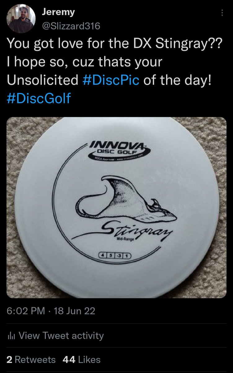 Slizzard316's tweet photo. The Unsolicited #DiscPic of the day got me connected with many Disc Golfers in 2022, and hopefully, helped you find some too!! Thank you and #HappyNewYear πππͺ©π₯³
So what was the most liked #DiscPic of 2022??? It was....
π₯π₯Drumrollπ₯π₯...
The DX Stingray! #DiscGolf https://t.co/uK1pm5kgcu