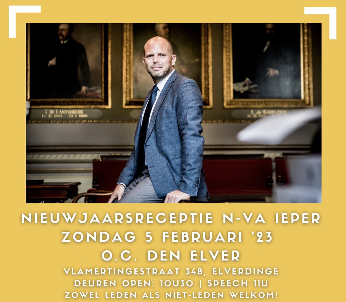 Bernardvi's tweet photo. Op 5 feb 2023 is er de jaarlijkse @NVAIeper Nieuwjaarsreceptie 🍾🥂. Dit jaar is onze speciale gast @FranckenTheo ! U bent van harte welkom in O.C. Den Elver in Elverdinge (#Ieper) of u nu lid bent of niet. 𝐈𝐧𝐬𝐜𝐡𝐫𝐢𝐣𝐯𝐞𝐧 𝐯𝐞𝐫𝐩𝐥𝐢𝐜𝐡𝐭 via https://t.co/h3P3s8xKRY https://t.co/uZp9l3ttlv