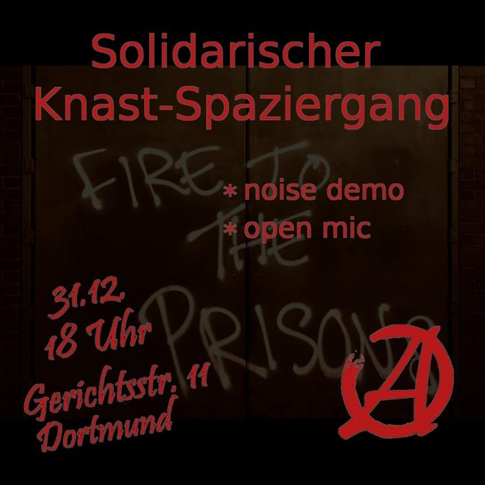 Silvester zum Knast!
In NRW z.B. in #Dortmund um 18:00h in der Nähe der JVA - Solidarischer Knast-Spaziergang (latscher.in/events/2022-12…) oder in #Köln um 18:00h bei der traditionellen Silvester-Anti-Knast-Kundgebung vor der JVA Ossendorf (plotter.infoladen.de/node/4185)
#AbolishPrisons