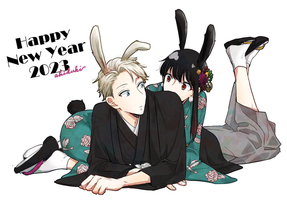 twilight (spy x family) ,yor briar 1boy animal ears 1girl rabbit ears black hair japanese clothes blonde hair  illustration images