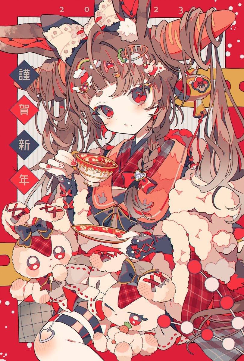 1girl red eyes animal ears solo cup brown hair rabbit ears  illustration images