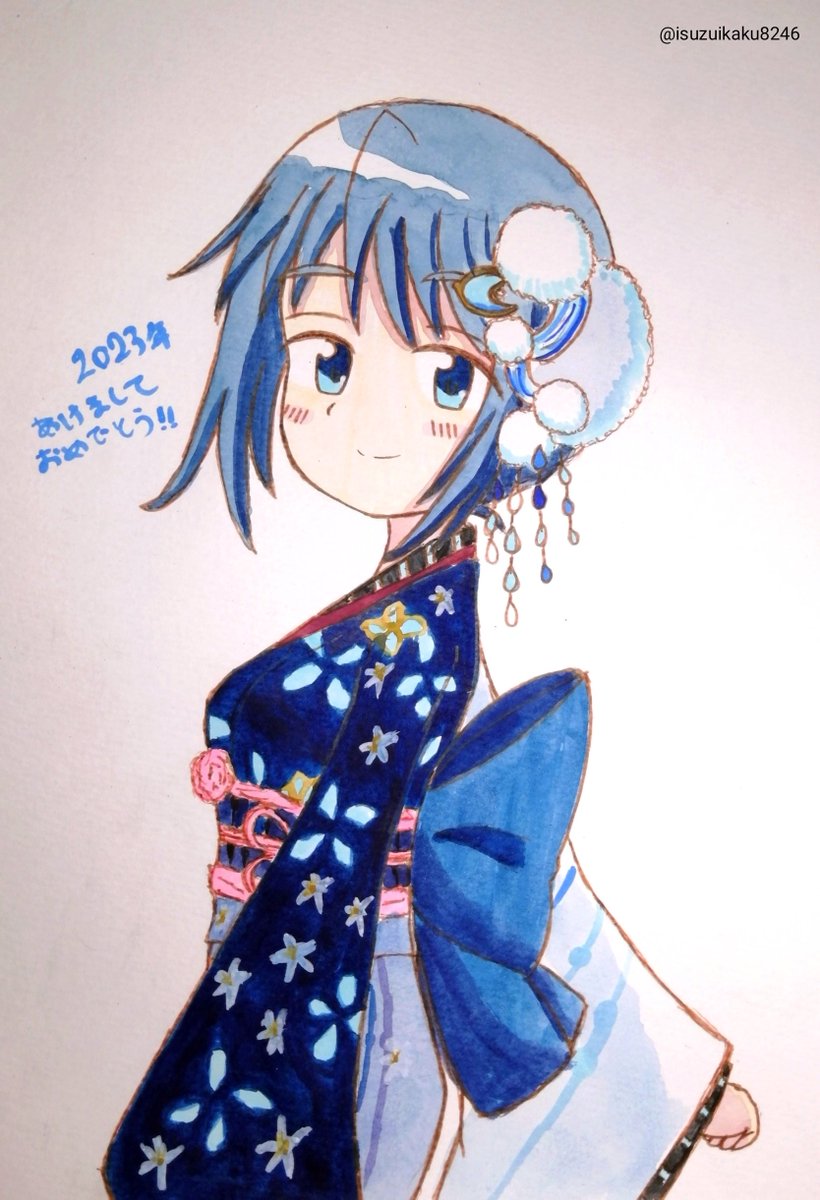 miki sayaka 1girl solo blue hair blue eyes japanese clothes kimono hair ornament  illustration images