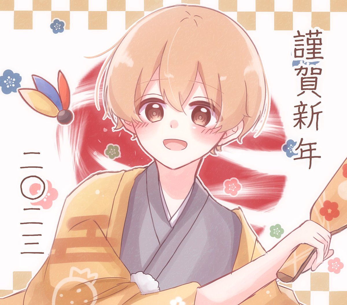 1boy male focus japanese clothes paddle blonde hair hagoita kimono  illustration images