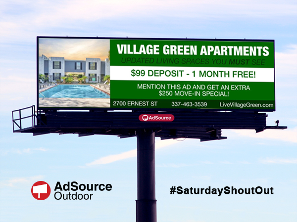 AdSourceOutdoor's tweet image. #SaturdayShoutout from Adsource Outdoor to Village Green Apartments

*
*
*
#LakeCharles #Louisiana #local #SWLA #batonrouge #villagegreen