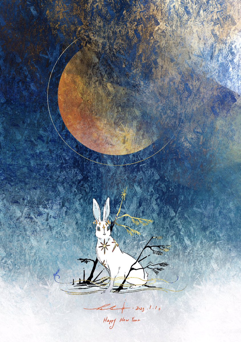 no humans rabbit moon branch traditional media painting (medium) signature  illustration images