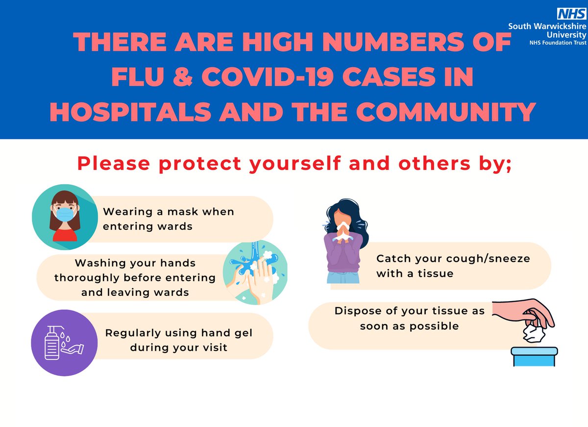 There are high numbers of Flu & COVID-19 cases in hospitals and the community. Please protect yourself and others by; •Wearing a mask when entering wards •Washing your hands thoroughly •Catch your cough/sneeze with a tissue •Dispose of your tissue as soon as possible
