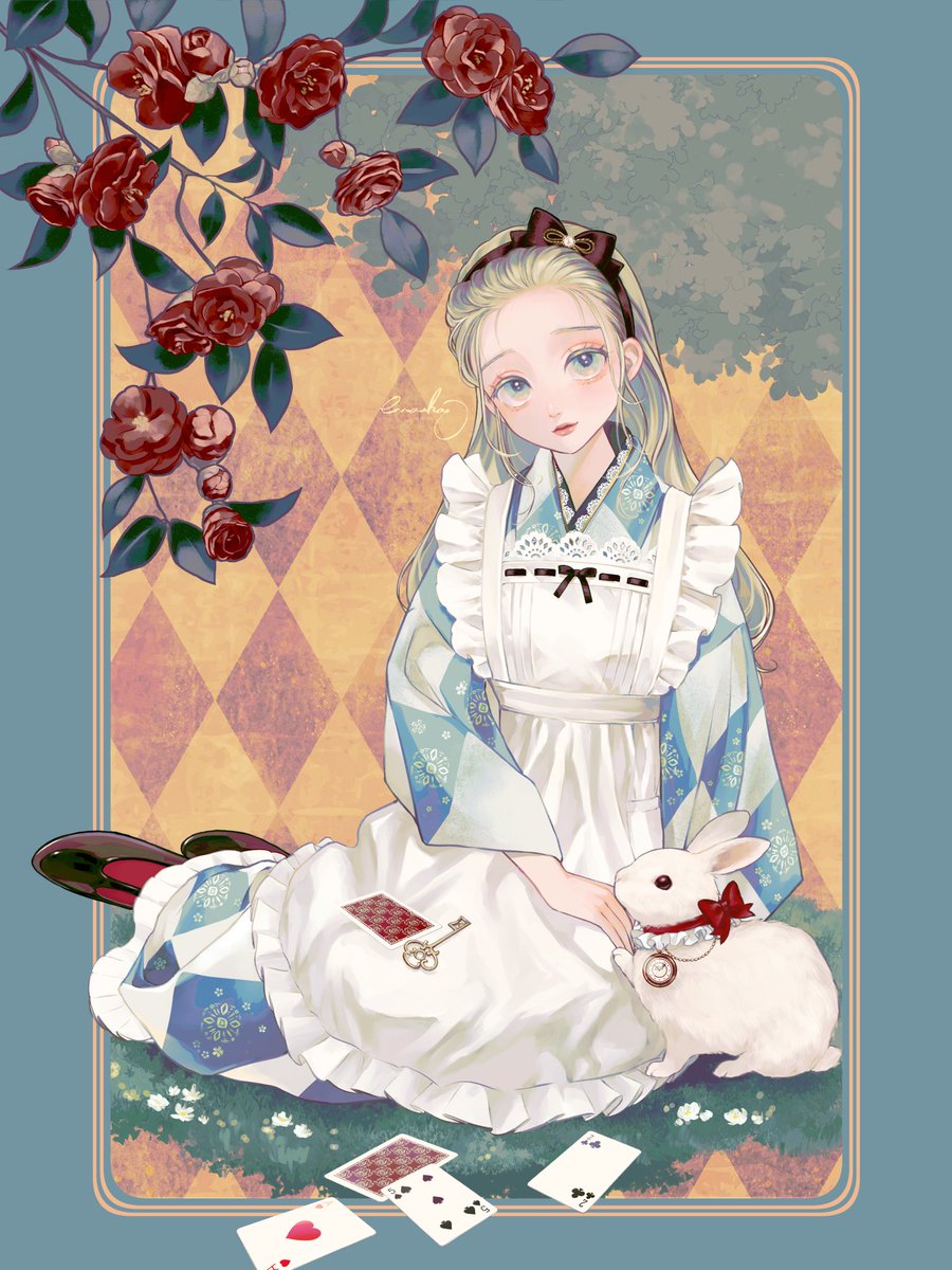 alice (alice in wonderland) 1girl card apron flower playing card rabbit white apron  illustration images