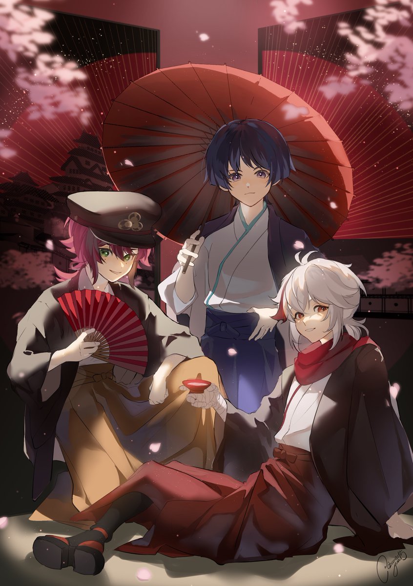 kaedehara kazuha ,scaramouche (genshin impact) japanese clothes red hair multiple boys red scarf umbrella male focus holding  illustration images