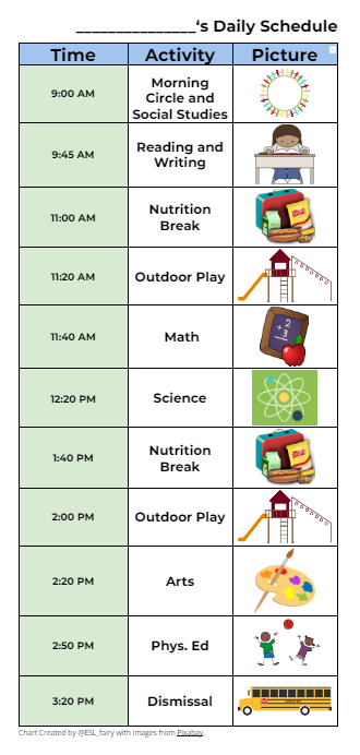 ESL_fairy's tweet photo. Here is a visual schedule template I just created with royalty-free visuals from Pixabay. 

Please feel free to adapt and use this resource to suit your own classroom schedule and student needs: https://t.co/J9k0B7vbJM 

#wrdsbMLL #OntEd https://t.co/q6v9l2SnHp