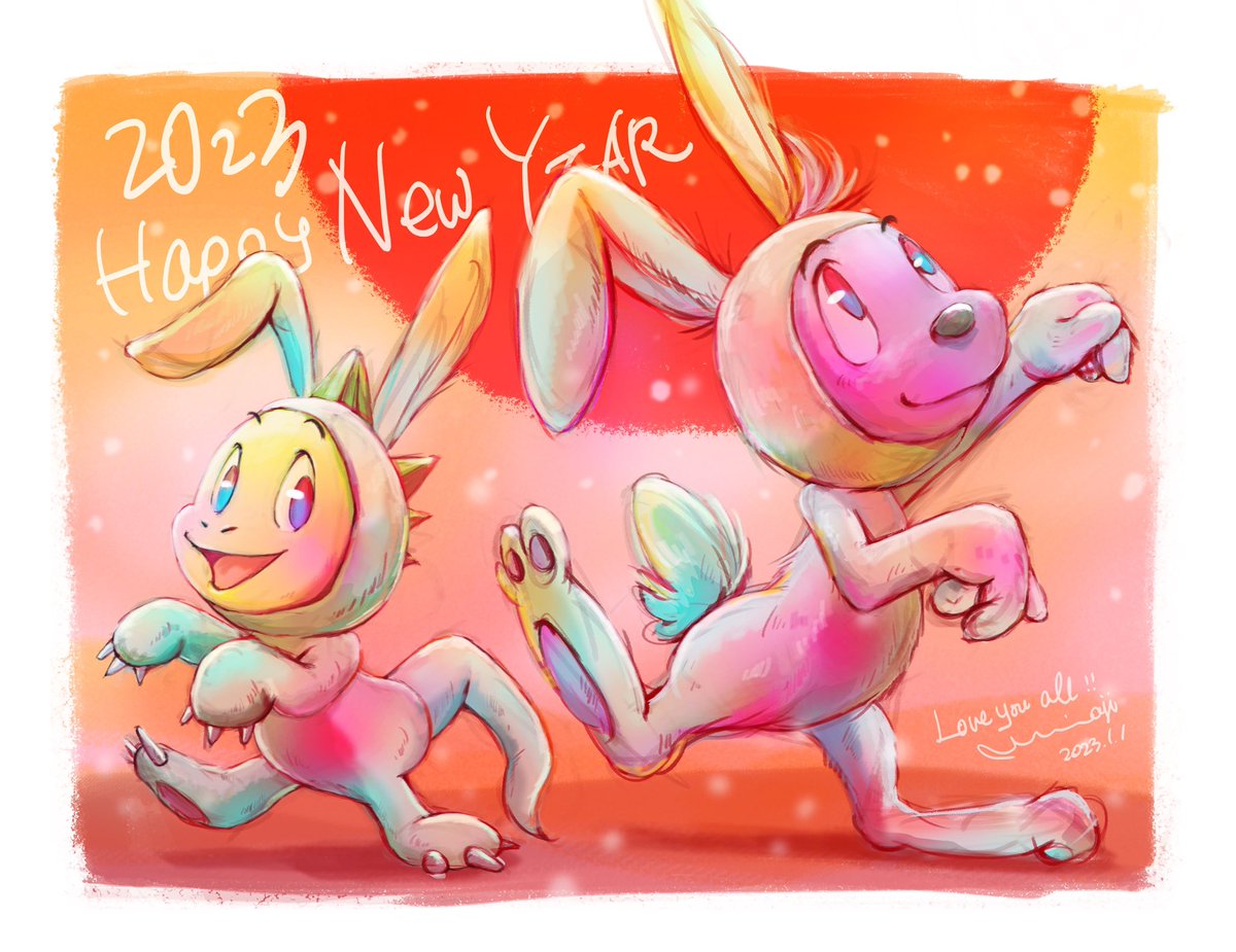 pokemon (creature) smile no humans blue eyes open mouth running new year  illustration images