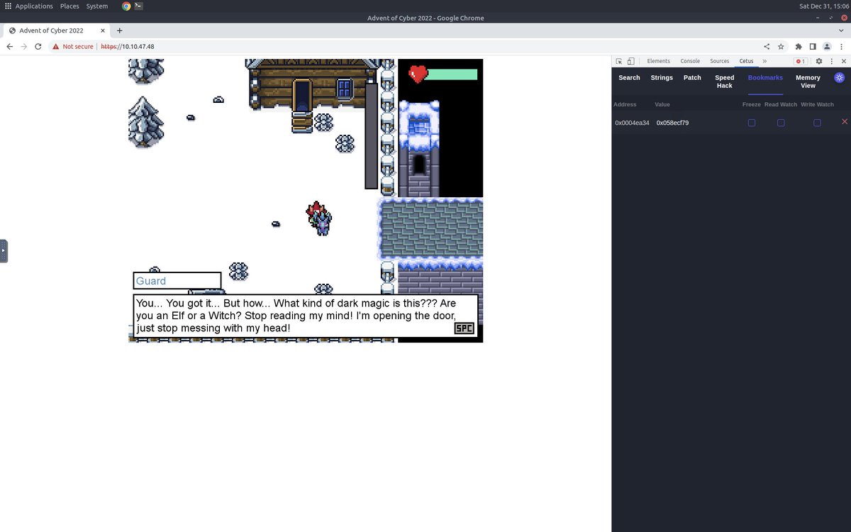 v_avenger's tweet image. ゆく年くる年、観ながら #TryHackMe #AdventOfCyber2022 [Day 10] はゲームチート。
メモリエディタを使ってメモリの値を覗いたり、書き換えたり。
2023年、都合の悪いことはいろいろとハックして乗り切りたい！