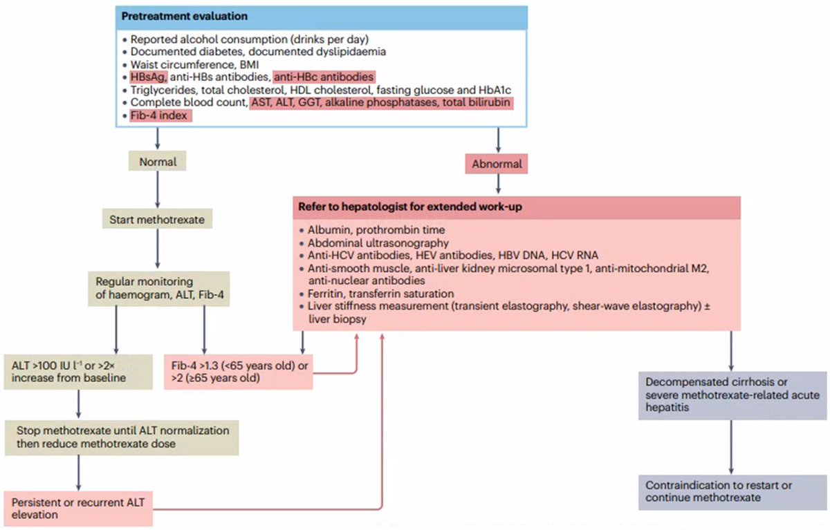 #Methotrexate

➡️Unlikely that MTX alone capable of inducing chronic #liver disease
➡️Risk of MTX-induced liver injury primarily acute in nature
➡️Cumulative dose has no predictive value for fibrosis

👉🏽nature.com/articles/s4158…
via <a href="/NatRevRheumatol/">NatRevRheumatol</a>