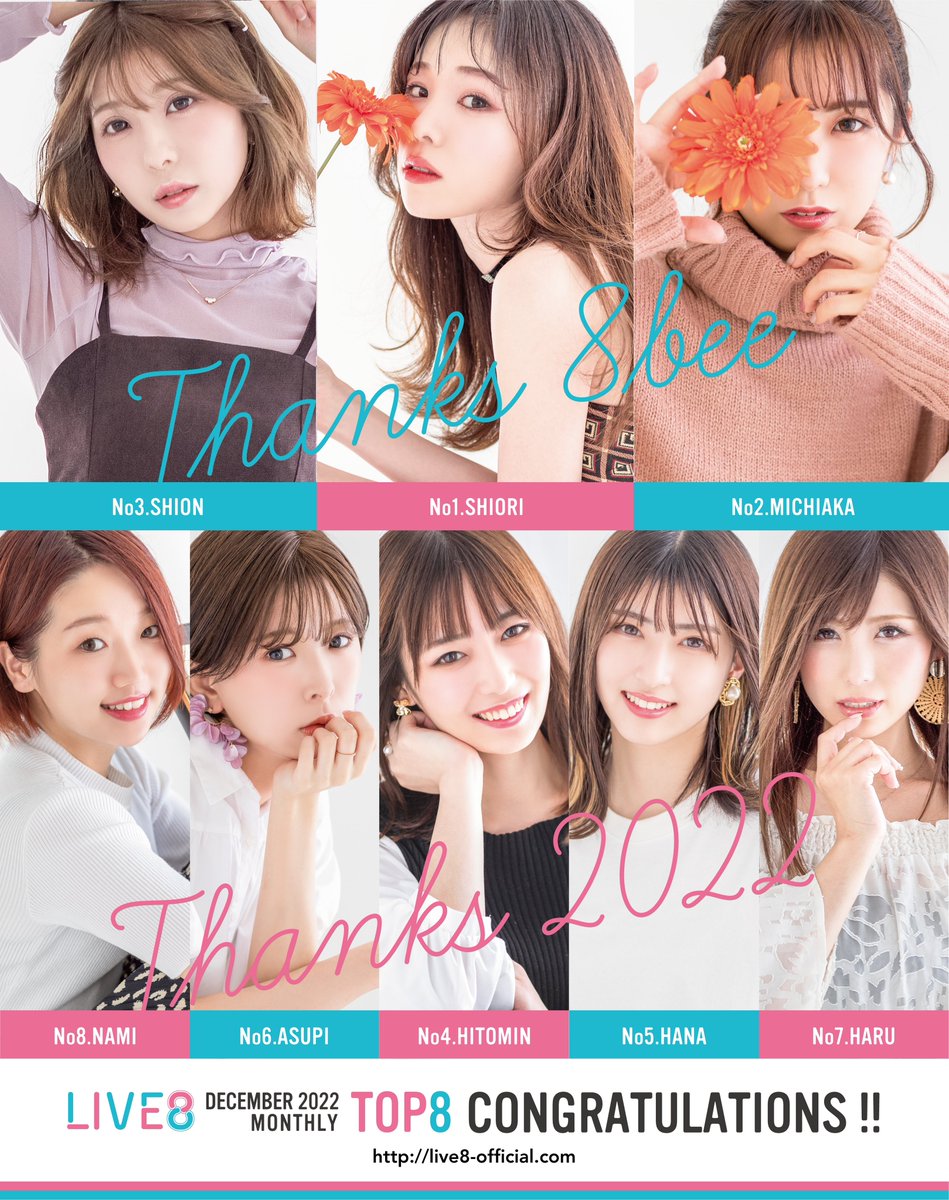 live8_official's tweet photo. EVERY LIVE 2022.12月度
LIVE8 TOP8を発表✨👏🏻

応援いただきました全てのリスナーの皆様に感謝し、2023年もLIVE8全員で頑張っていこうと思います。
本当に1年間ありがとうございました🙇
今後ともLIVE8をよろしくお願い致します！

#LIVE8 #everylive #ライバー事務所
#ライブ配信 #ライバー募集 https://t.co/kltIgtPS0H
