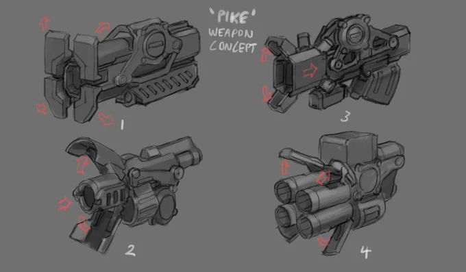 The 'pike' was an interesting problem that went through a lot of refinement. Basically a variable choke super shotgun it needed convey mode information both to the player and to those around them 