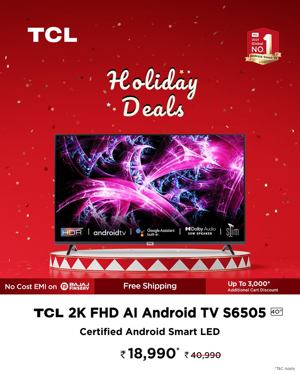 tcl_india's tweet photo. Your favourite shows never looked so good.
Neither does this deal on the #TCL #2K #FHD #AIAndroid TV S6505 at just ₹18,990!
Buy now: https://t.co/DmTiUnNGgP
#TCL #TCLTheCreativeLife #InspireGreatness
#Newyear2023 #HolidayDeals https://t.co/NcPkjYmZjW