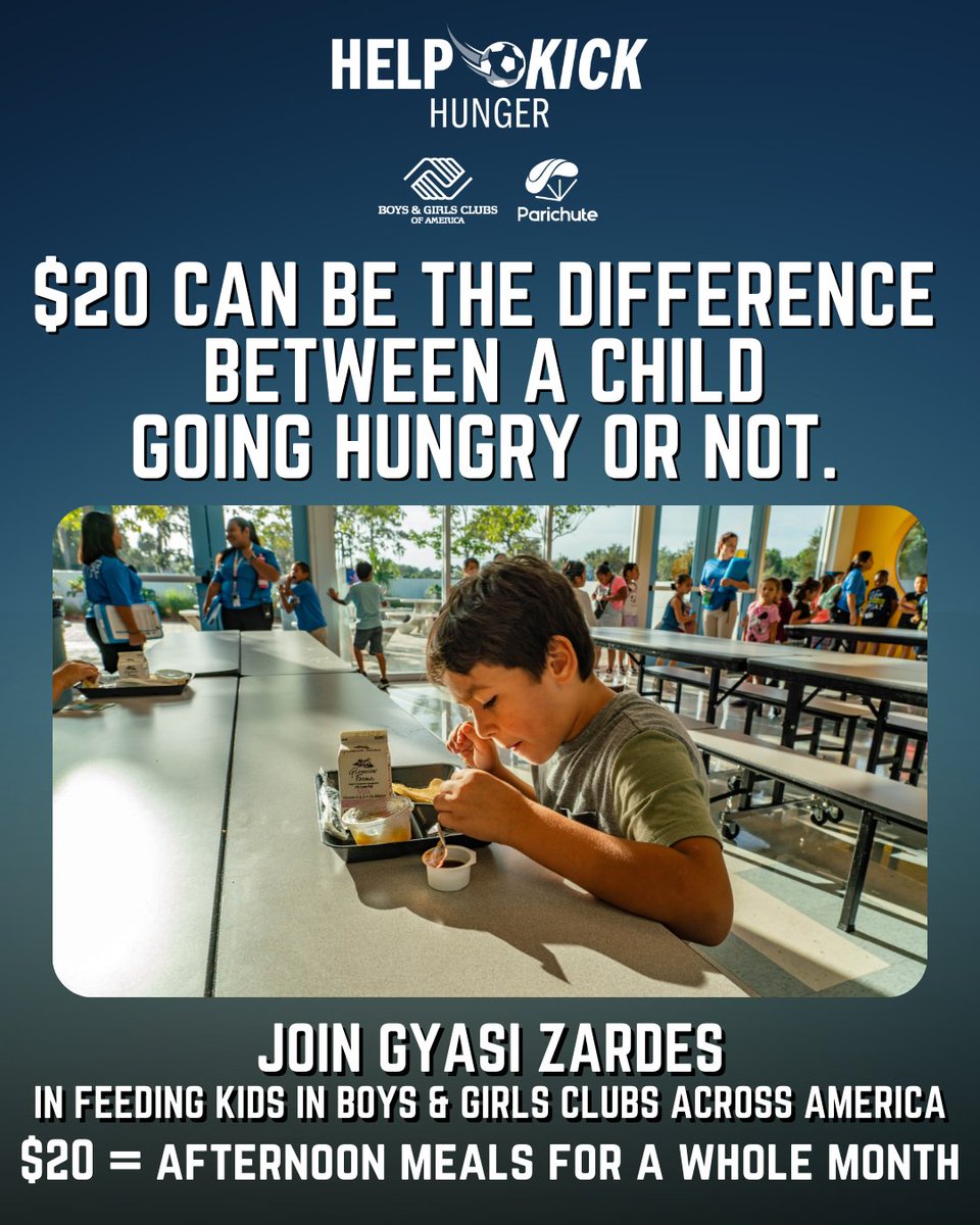 parichuteapp's tweet image. No child should ever go hungry--just $20 ensures that they won't. 

Donate to @gyasinho's  #HelpKickHunger booster on Parichute to feed kids in Boys &amp;amp; Girls Clubs across America-- there's ONE DAY LEFT to have your donation matched.🔥
👉parichute.co/gyasizardes