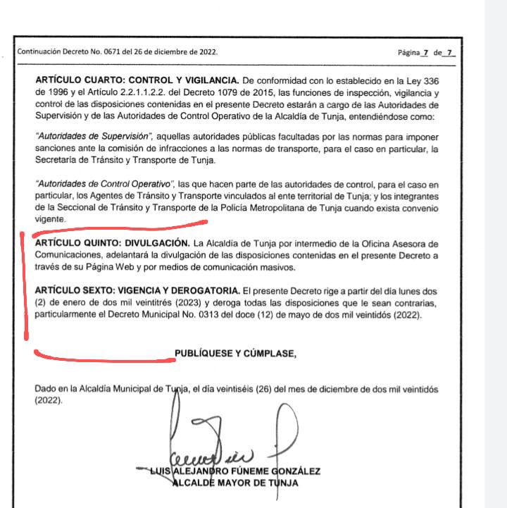 Jader_Silvera's tweet photo. Le pido respetuosamente a la Alcaldía de Tunja (@AlcaldiaTunja), que divulgue, en sus redes sociales oficiales, las nuevas tarifas del transporte público colectivo que empezarán a regir en la ciudad el 2 de enero del 2023; así lo ordena el Decreto Nº 0671 del 26/12/2022 👇. https://t.co/iQy30M03KW