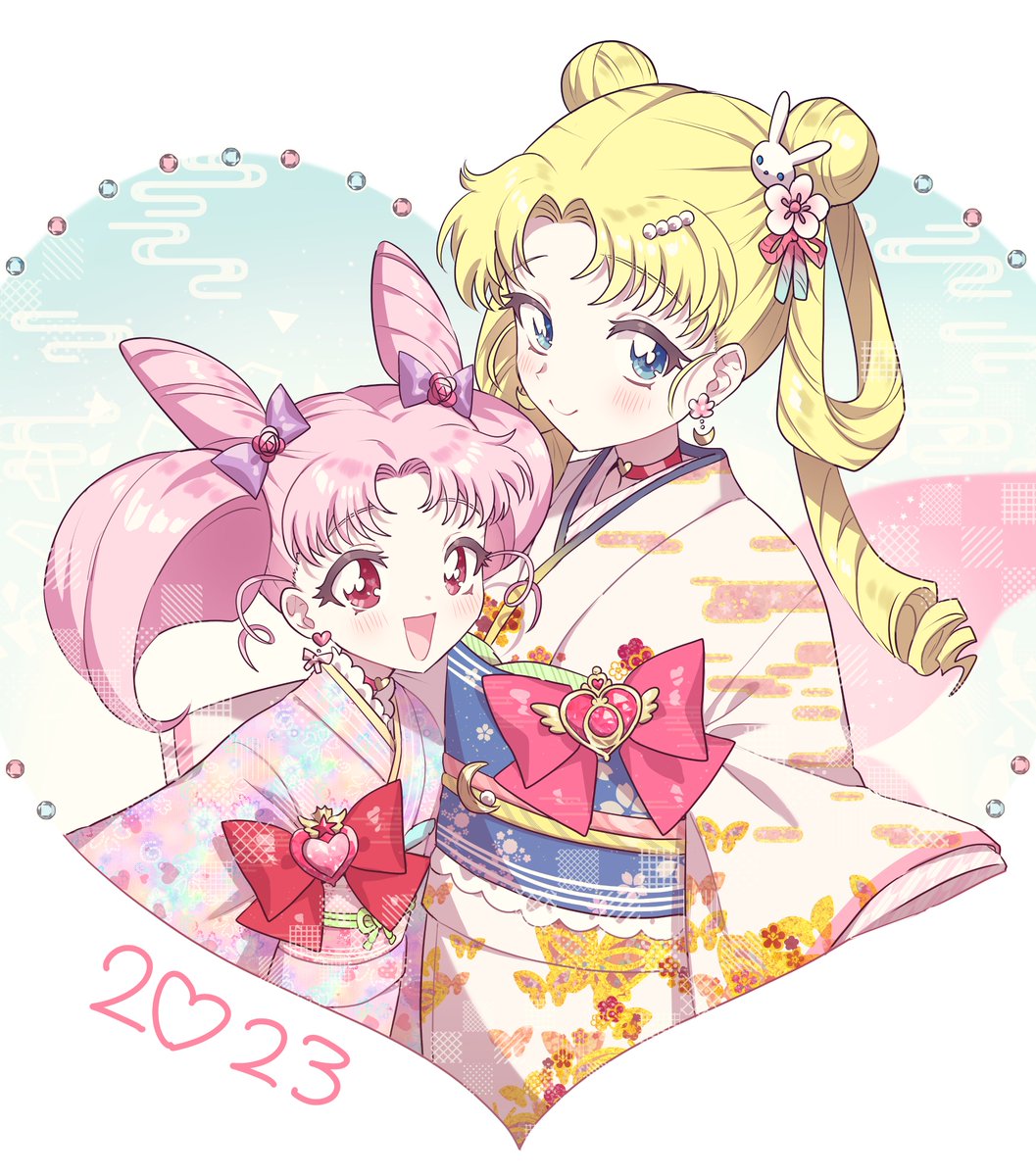 chibi usa ,tsukino usagi multiple girls cone hair bun 2girls kimono japanese clothes hair bun double bun  illustration images