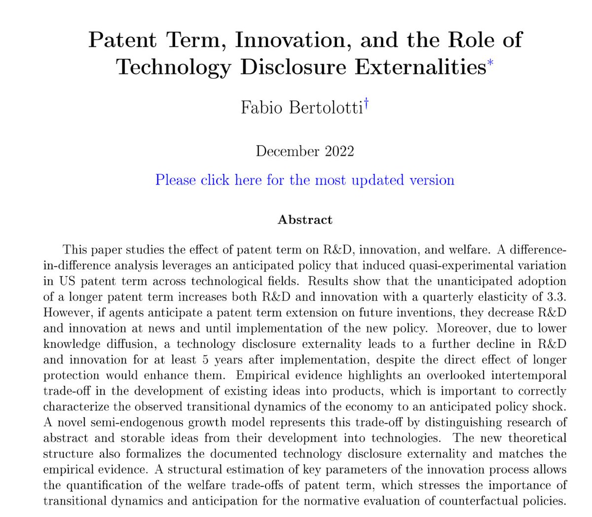 Kyle Myers (@kroymyers) on Twitter photo 4. <a href="/EconFaber/">Fabio Bertolotti</a>'s work on the very difficult question of intellectual property investment dynamics in the context of patent terms
split.to/CZQRygg 4. <a href="/EconFaber/">Fabio Bertolotti</a>'s work on the very difficult question of intellectual property investment dynamics in the context of patent terms
split.to/CZQRygg