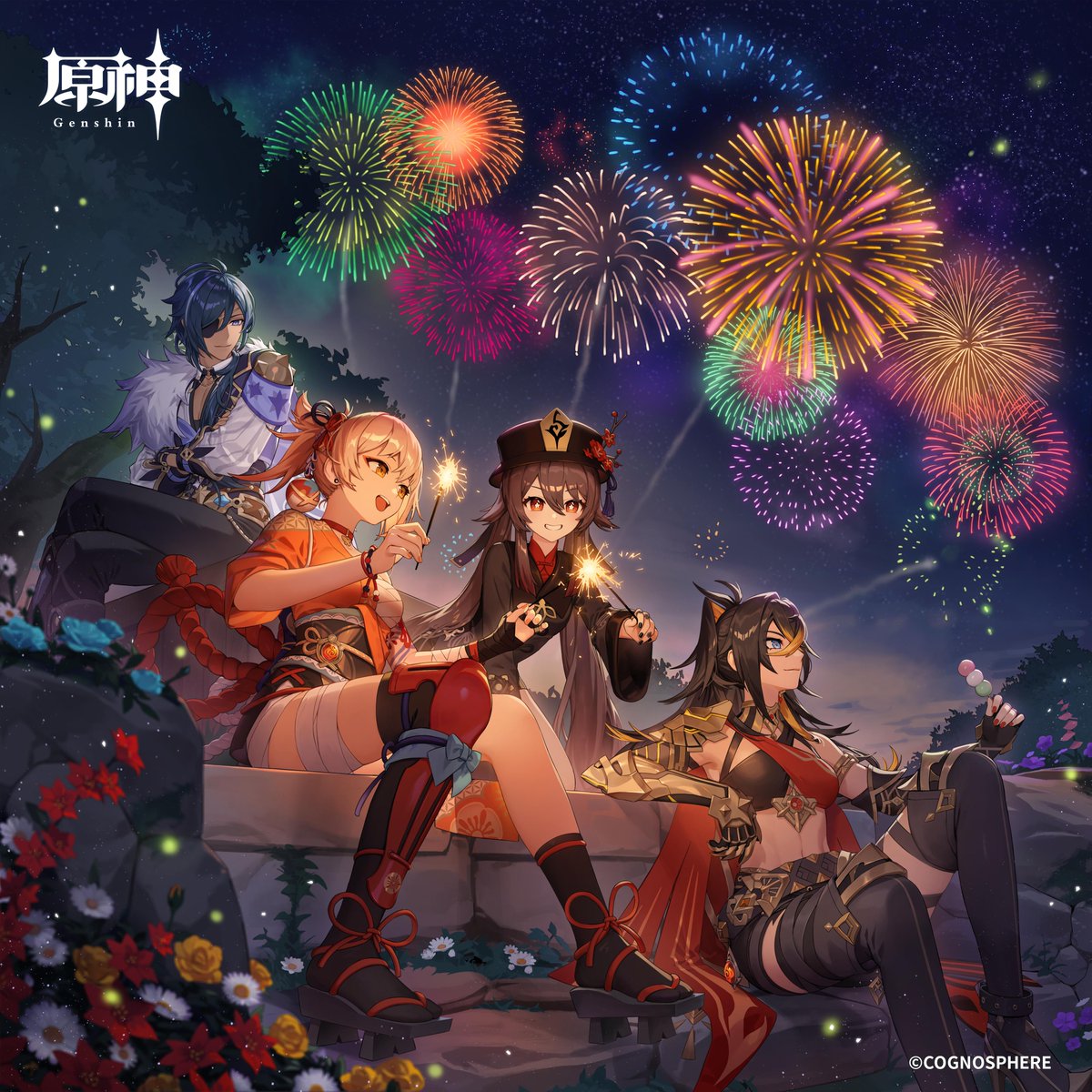 hu tao (genshin impact) ,yoimiya (genshin impact) multiple girls dark skin fireworks 1boy sitting hat sky  illustration images