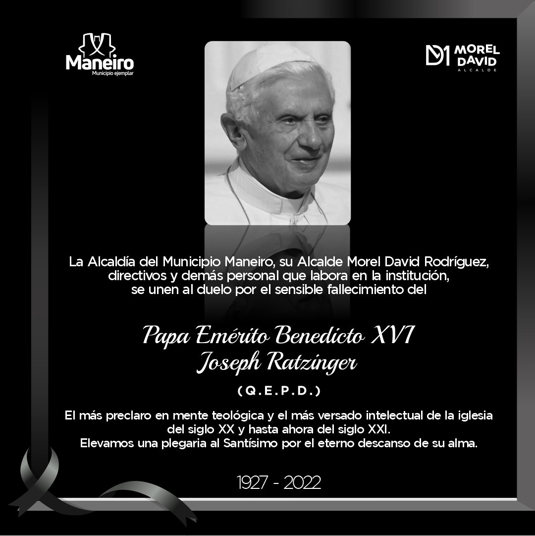 MorelDavidR's tweet photo. Lamentamos profundamente la muerte del Papa emérito Benedicto XVI, a la edad de 95 años. Extraordinario teólogo y filósofo. 

"Joven, no tengas miedo al desafío, ten miedo de una vida sin sentido", una de sus frases más notables. 

Descanse en paz, Santo Padre. https://t.co/VhSVTMn7Ks