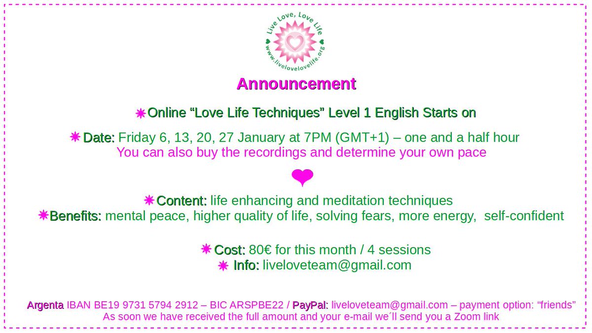 LiveLoveTeam's tweet photo. New Love Life Techniques start in Jan. You can join this course online, for a great start of the year! https://t.co/ASC1fdonuf