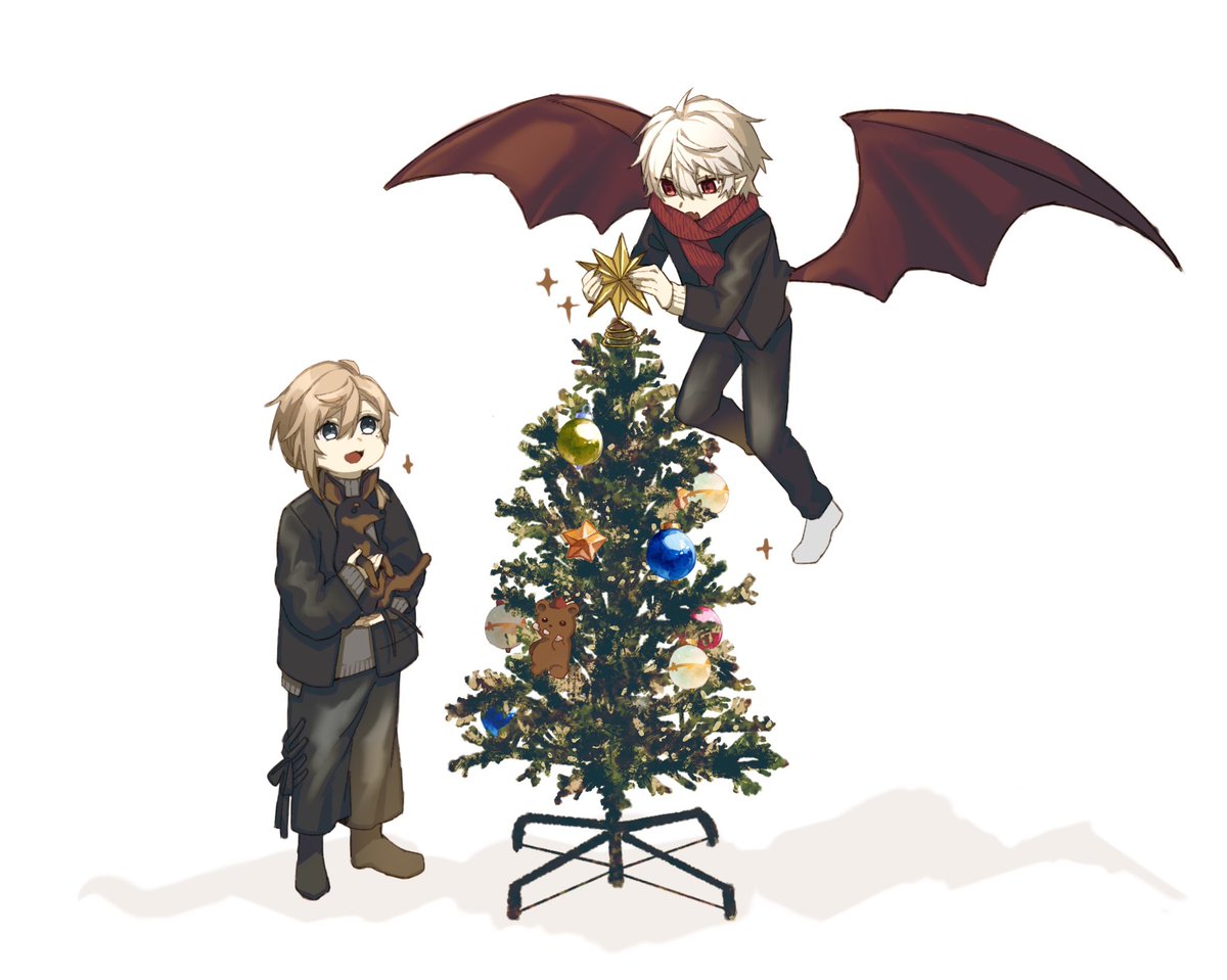 kuzuha (nijisanji) multiple boys 2boys wings male focus christmas ornaments red eyes mole under eye  illustration images