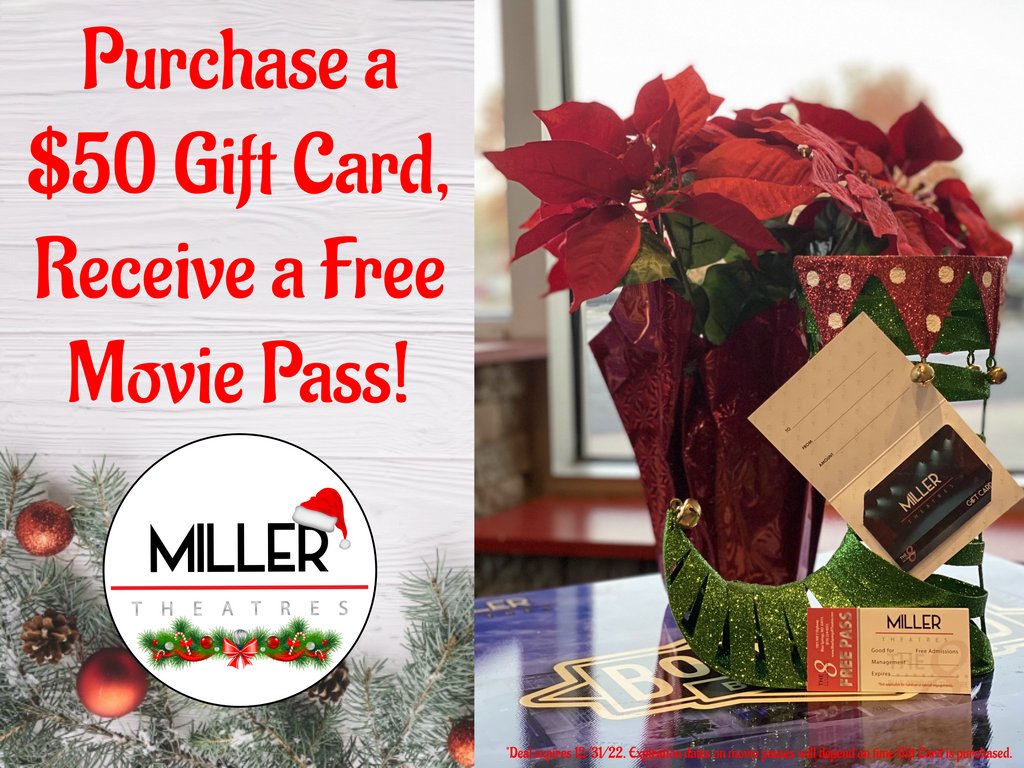 millertheatres's tweet photo. Today's your last chance before the new year to cash in on this amazing deal! Get a free movie ticket with the purchase of a $50 gift card in-store before it's too late 🎟️ https://t.co/bbcfbHDbTy