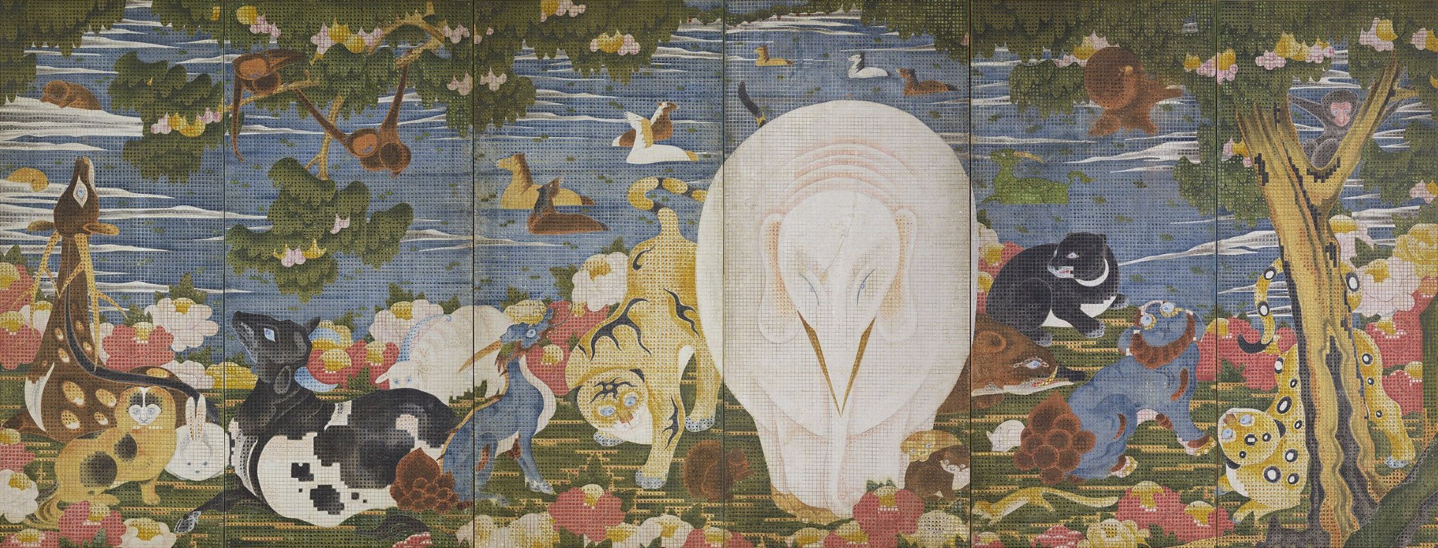 JAPAN美品 伊藤若冲 画集 日本画 屏風画 貴重 歴史 水彩画 鳥 花 絵画 伊藤若冲「紫陽花双鶏図」複製画 額入り 色紙額 特殊工芸画