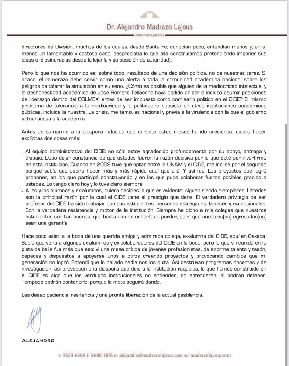 almaldo2's tweet photo. Una nueva renuncia en @CIDE_MX de un académico ejemplar, comprometido y brillante. Se va @BuenMadrazo pero antes, explica sus razones. La saña con la que han destruido al Cide no tiene comparación. Cuando @ElenaBuylla se vaya y se pregunte por su legado, aquí un ej. de su paso. https://t.co/u5AacIMEHl