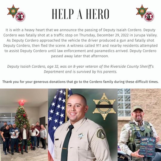 JesseArmendarez's tweet photo. My sincere condolences go out to the family and friends of Deputy Isaiah Cordero with the Riverside County Sheriff’s Department.
We stand together during these difficult times. Our law enforcement community deserves our continued respect and support.
https://t.co/Kw3ACjdFOZ https://t.co/4pJaByAyeS