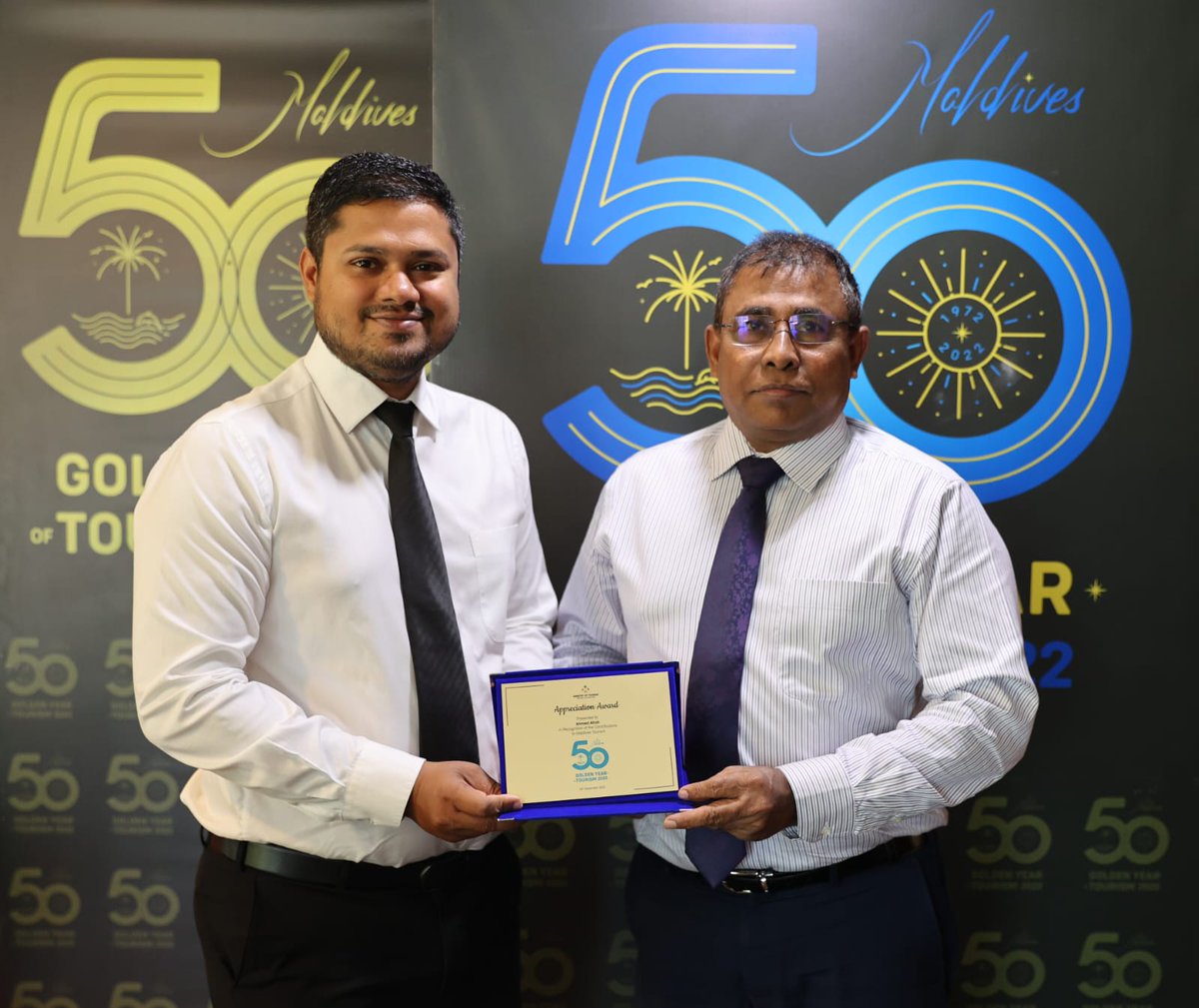 MoTmv's tweet photo. Congratulations to Mr. Ahmed Afrah @afrah on getting @MvTourism50 Appreciation Award for his contributions to #Maldives tourism industry, especially to the live aboard boating sector. https://t.co/K1Jwb1732d