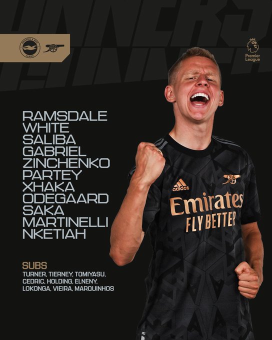 A picture of Zinchenko celebrating with his fist up alongside our team news today.

Ramsdale, White, Saliba, Gabriel, Zinchenko, Partey, Xhaka, Odegaard, Saka, Martinelli, Nketiah. 

Subs: Turner, Tierney, Tomiyasu, Cedric, Holding, Elneny, Lokonga, Vieira, Marquinhos.